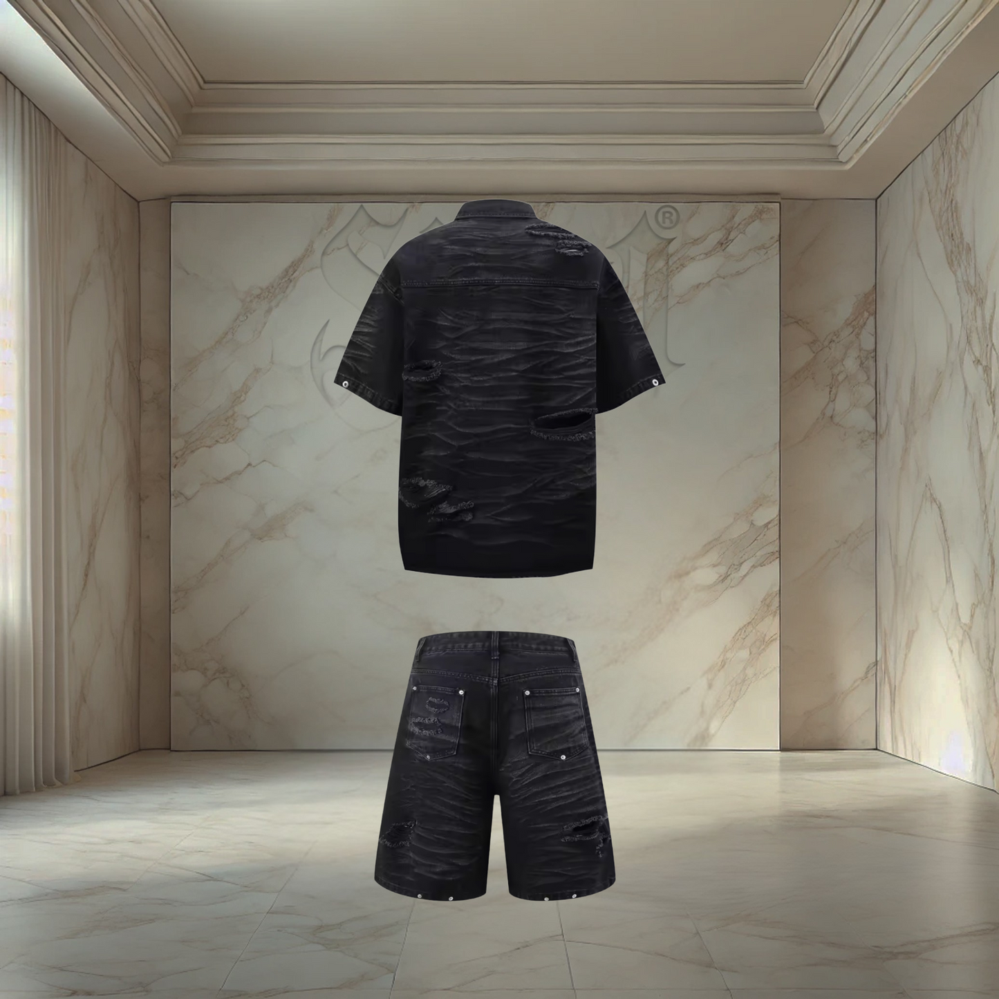 Black Distressed Denim Set