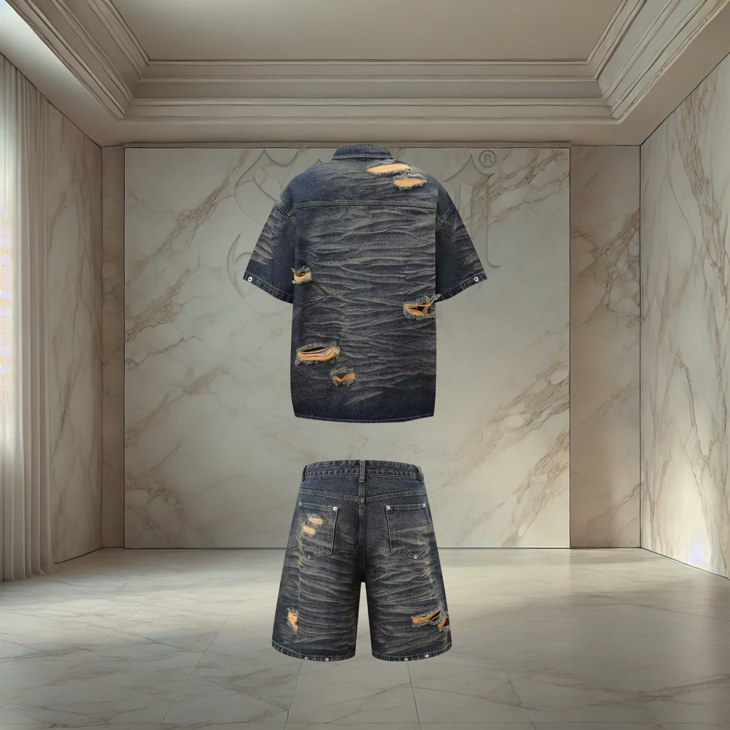 Rust Blue Distressed Denim Set