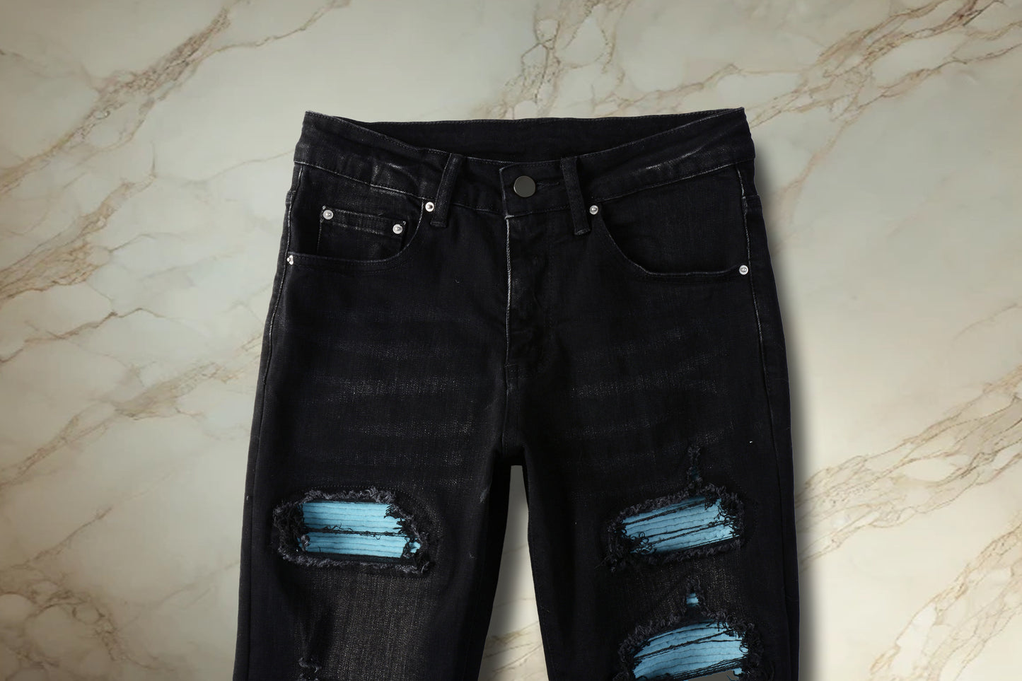 Black Turquoise Patch Denim