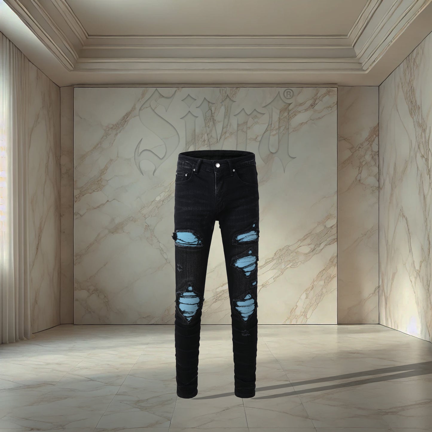 Black Turquoise Patch Denim
