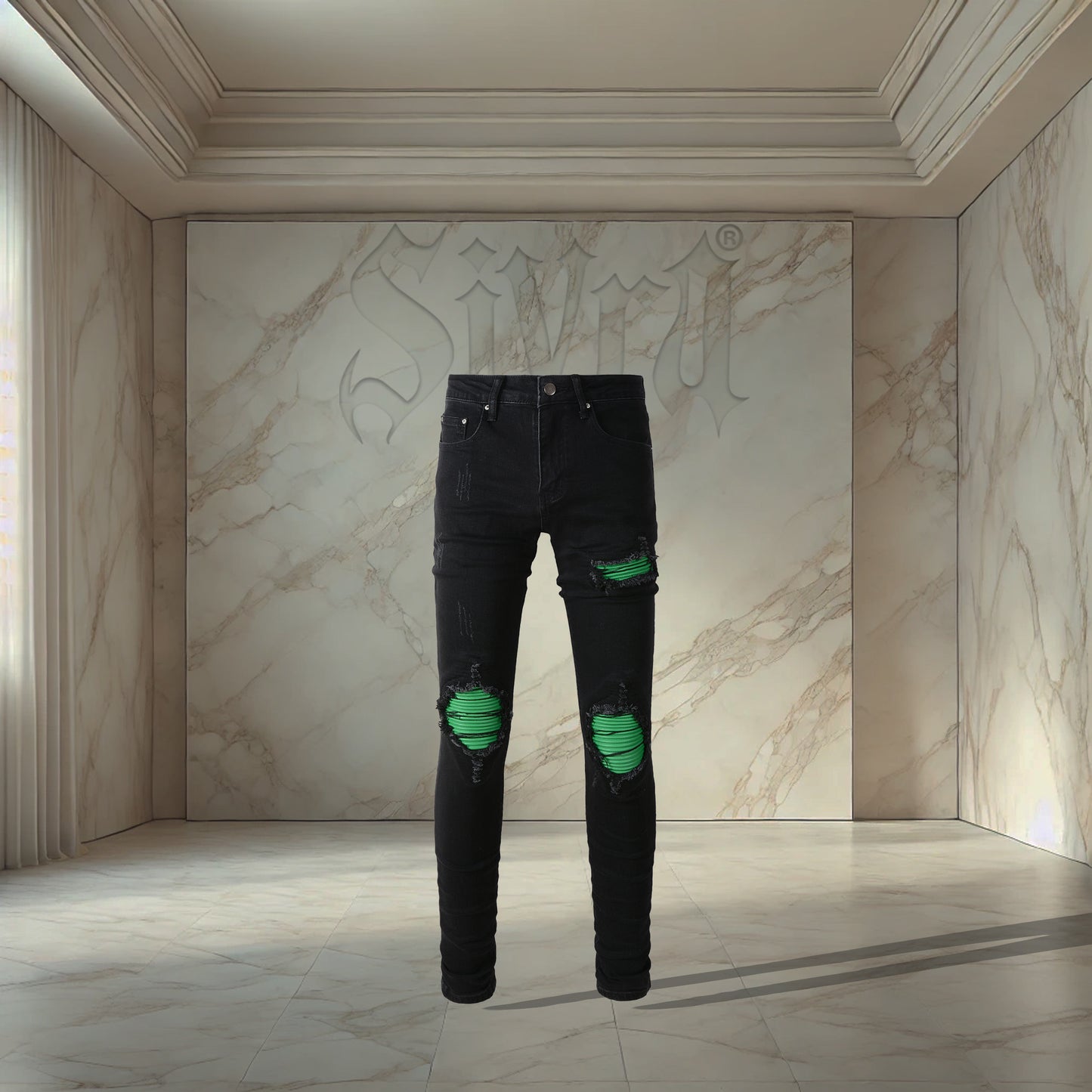 Black Green Patch Denim
