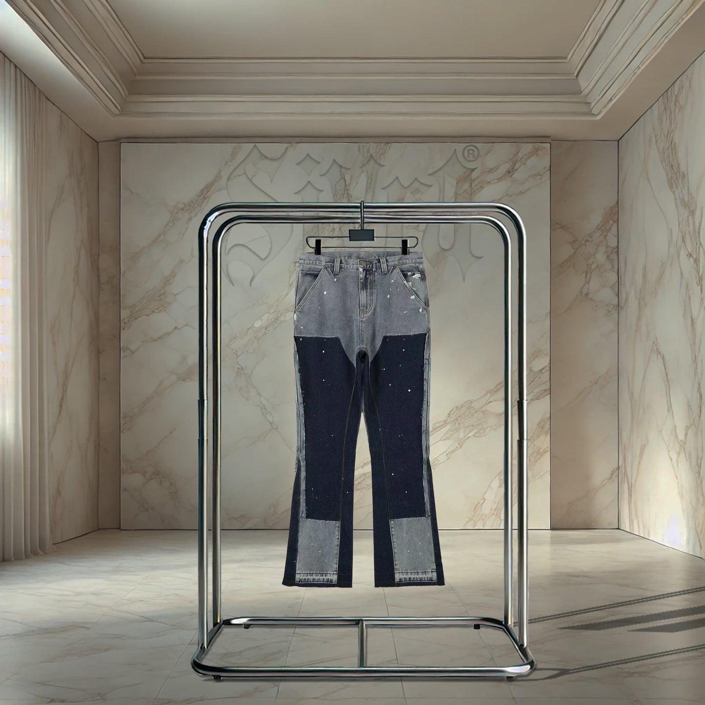 Blue Painted Flared Denim