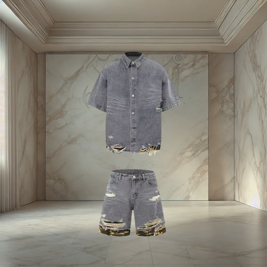 Blue Camo Distressed Denim Set