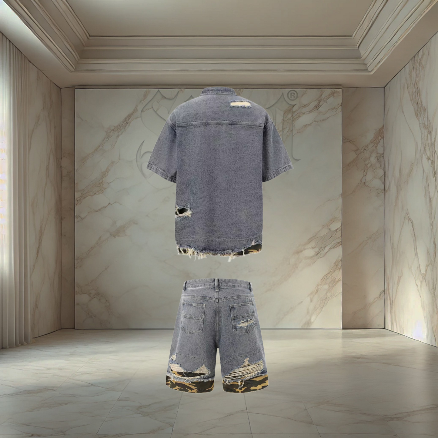 Blue Camo Distressed Denim Set