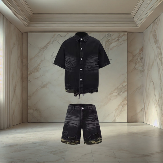Black Camo Distressed Denim Set