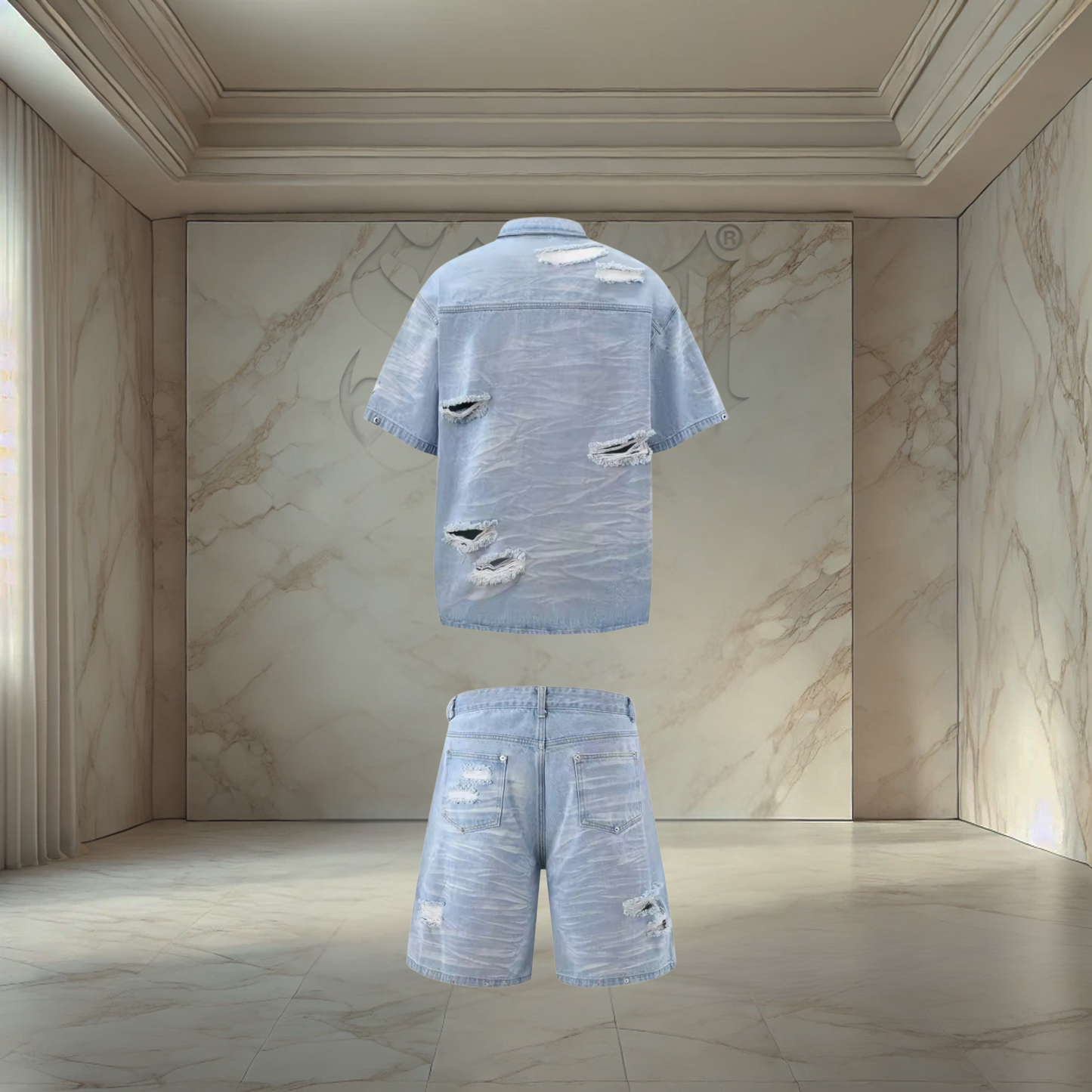Blue Distressed Denim Set