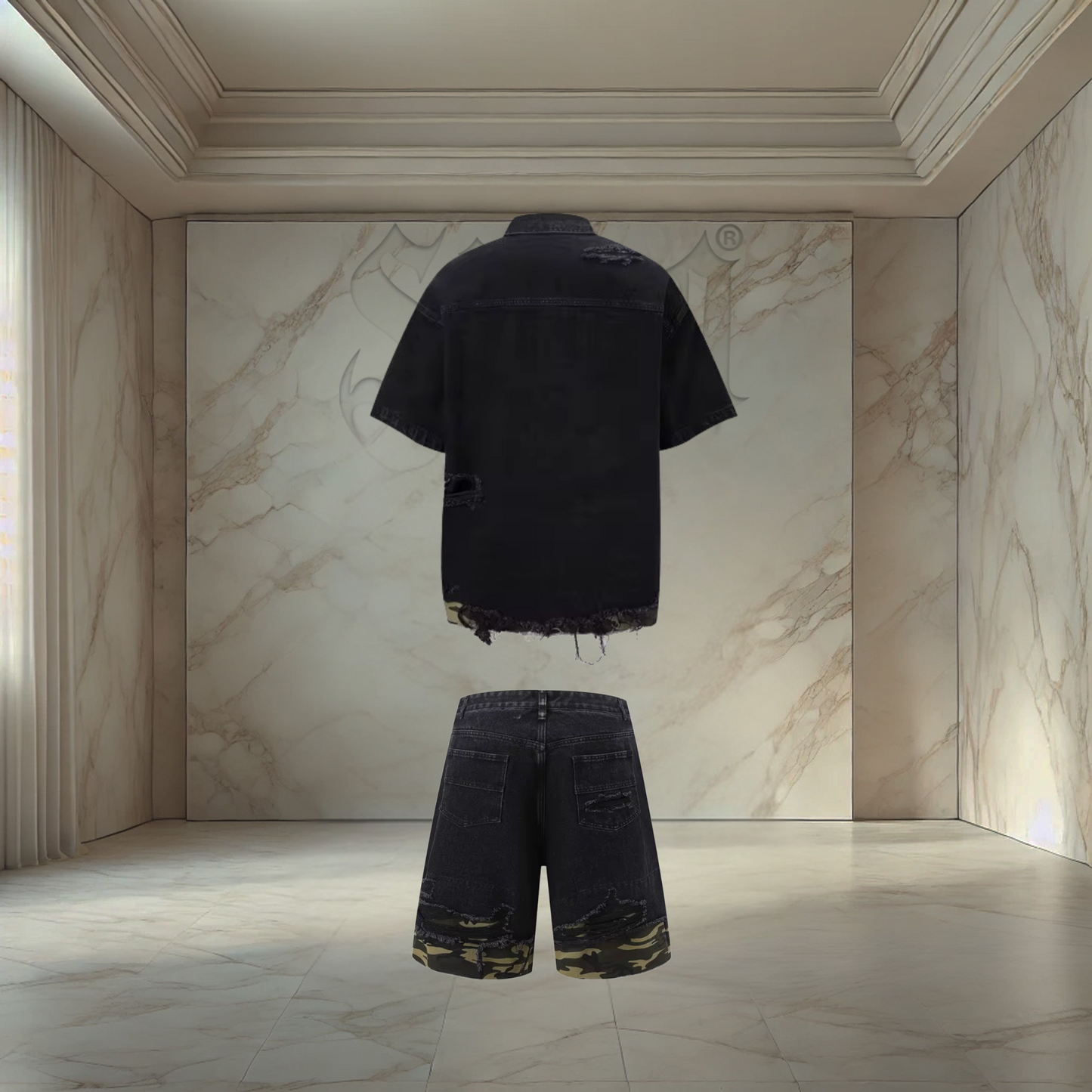 Black Camo Distressed Denim Set