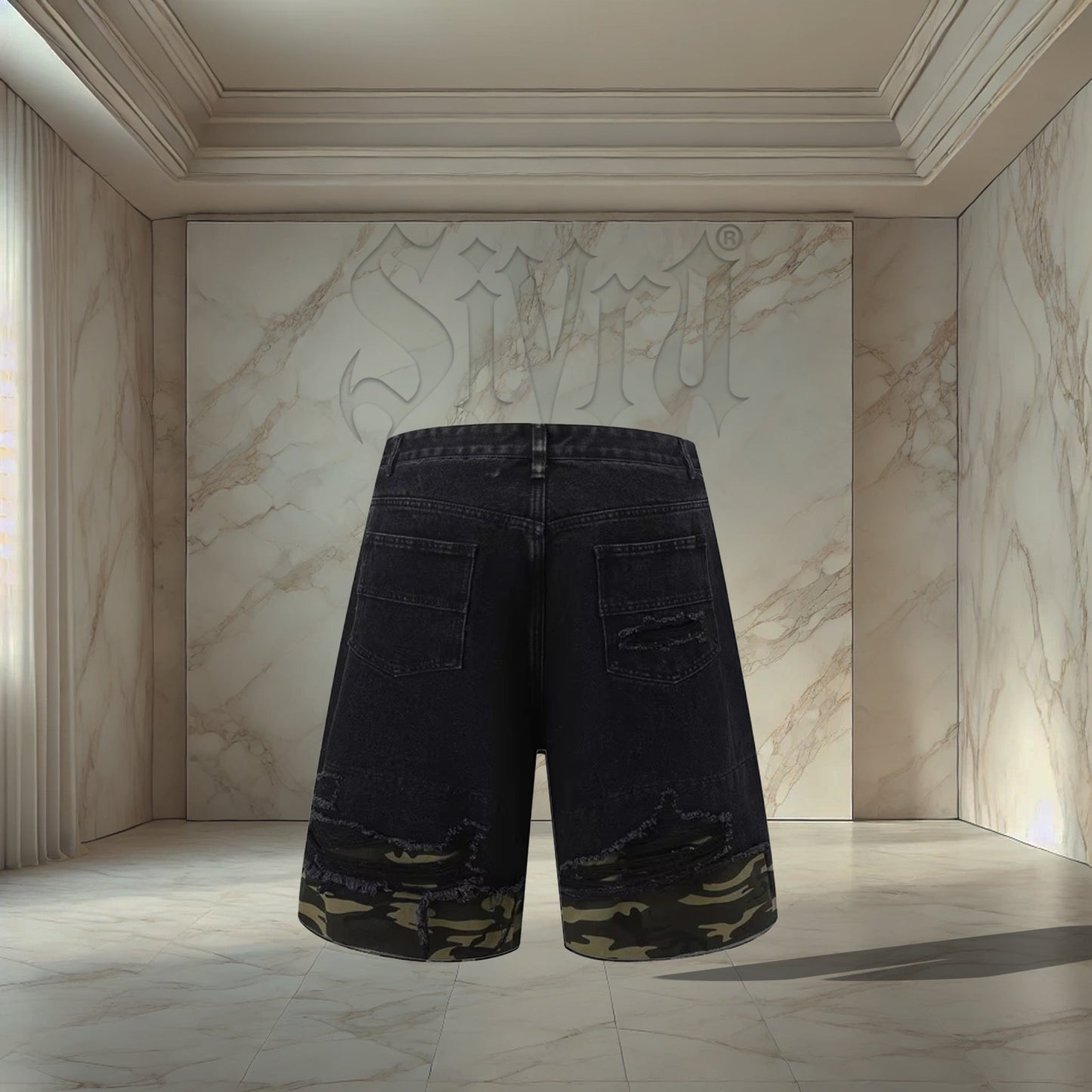 Black Camo Distressed Jorts