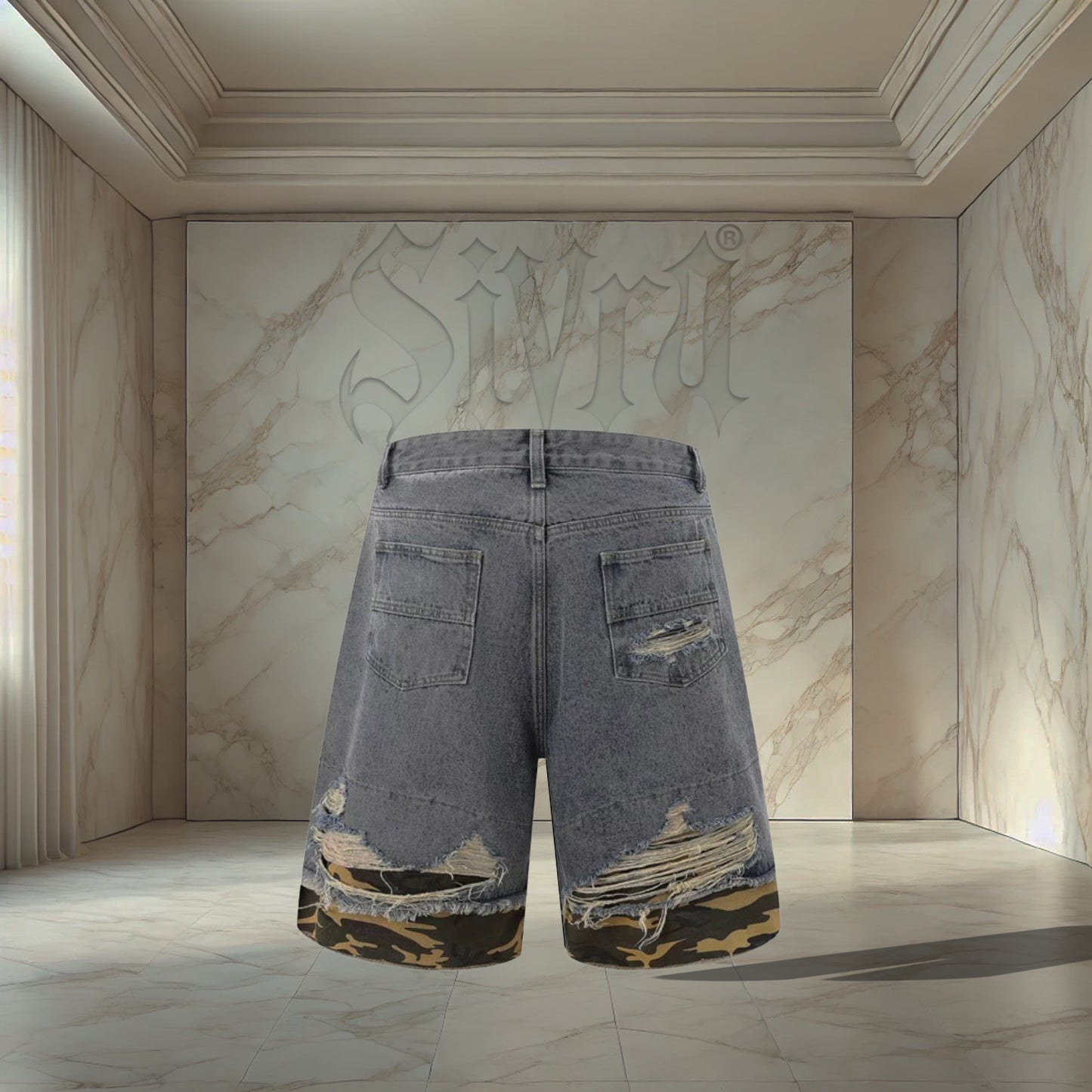 Blue Camo Distressed Jorts
