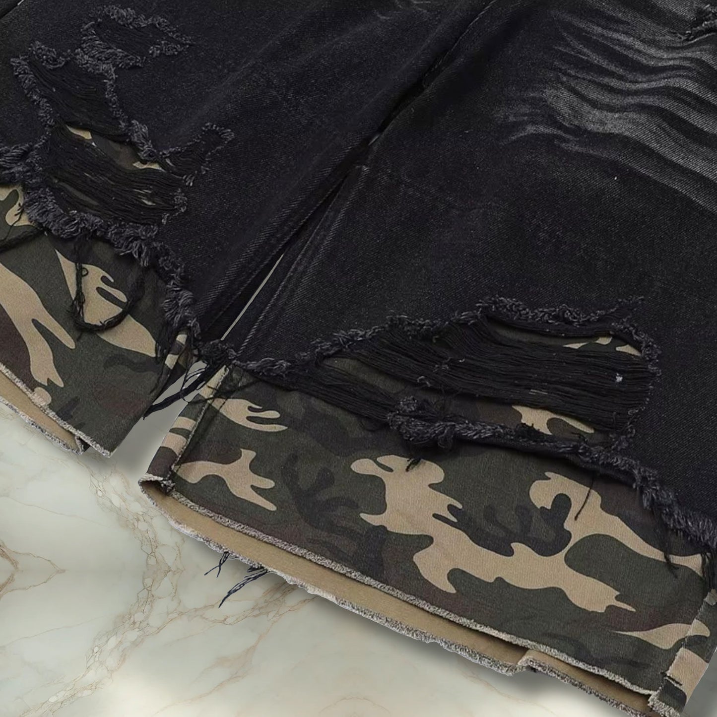 Black Camo Distressed Jorts