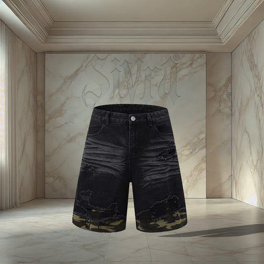 Black Camo Distressed Jorts